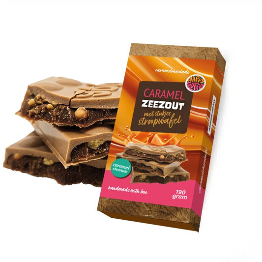 Luxe chocoladereep Caramelchocolade met zeezout en stroopwafelstukjes (190 gram)